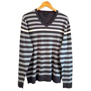 ALFANI Striped Cotton Blend V Neck Sweater L Preppy